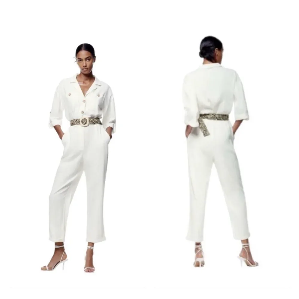 NWOT - ZARA Linen/Cotton Blend Belted Jumpsuit, Zip Fly, Roll Tab Sleeves, Sz S